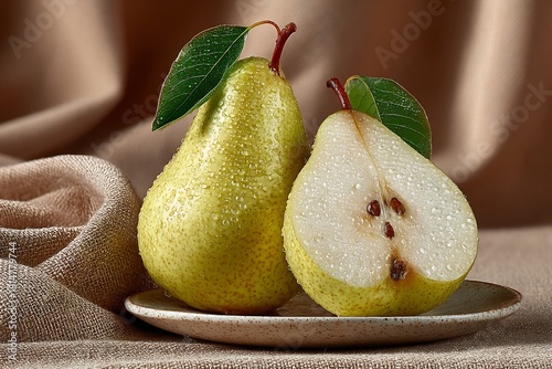 Fresh pears on plate, healthy fruit, ripe bartlett pear, food photography shot
