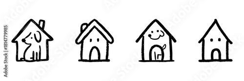 Dog House Line Icon Set In Doodle Style. Pet Shelter, Canine Home, And Animal Care Outline Sketch Collection. Hand Drawn Isolated Vector Illustration