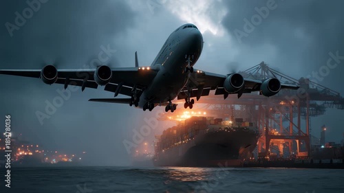 Cargo plane soaring over ship port at dusk, showcasing dynamic air and sea transport operations against a dramatic sky