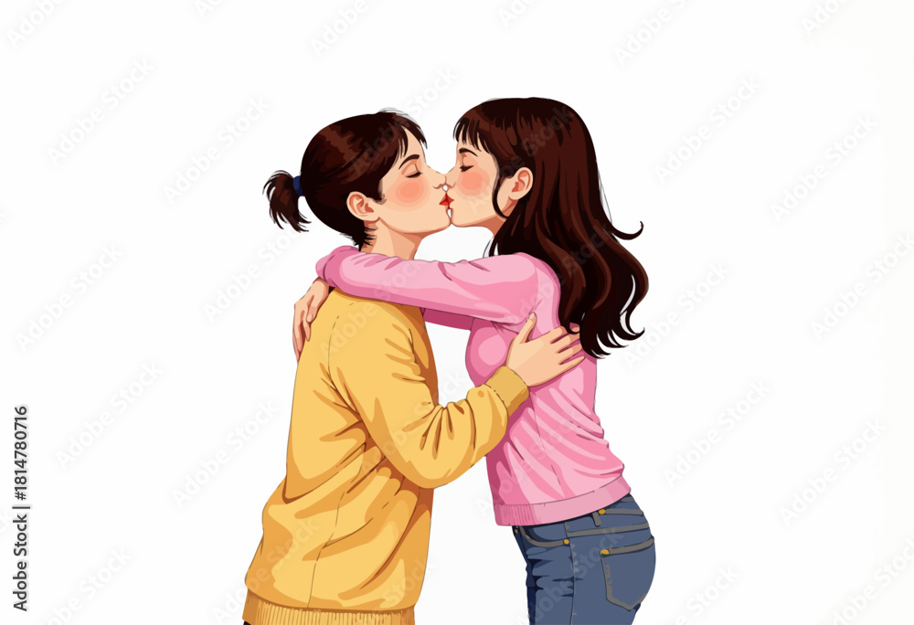 Obraz premium Illustration of Two People Embracing and Sharing an Affectionate Kiss, Capturing a Tender Moment Full of Love and Connection Against a Simple Background