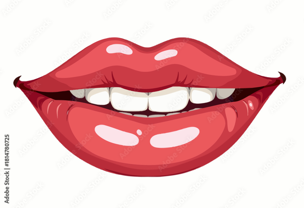 Fototapeta premium Illustration of Glossy Red Lips with Pearl-White Teeth and Subtle Highlights on a Minimalist White Background Featuring a Playful Smile