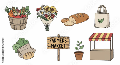 Collection of hand-drawn illustrations showcasing fresh produce, baked goods, and essential elements of a vibrant farmers market, perfect for promoting healthy eating and local commerce