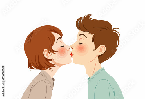 Illustration of Two Young Cartoon Characters Sharing a Sweet Innocent Kiss with Blushing Cheeks and Windswept Hair on a Plain White Background