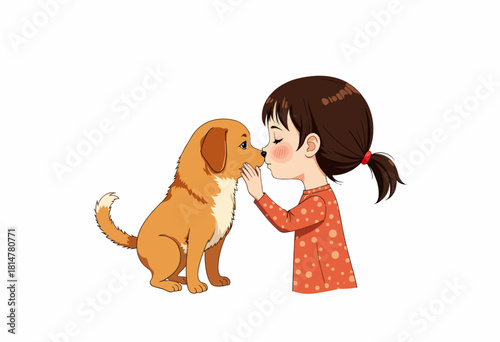 Adorable illustration of a girl gently touching noses with a puppy displaying a bond of tenderness and affection in a heartwarming and playful moment