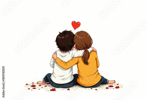 Heartwarming Illustration of Two Children Sitting Embracing Each Other with a Red Heart Above Them Surrounded by Red Petals on a White Background