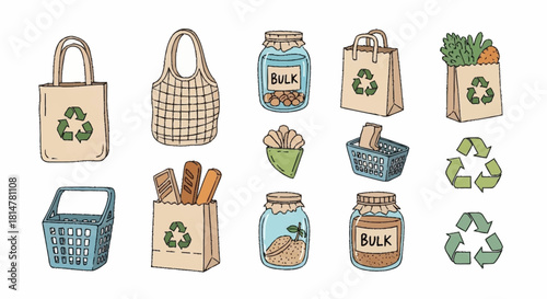 Artistic collection of zero waste shopping essentials, featuring reusable bags, bulk food containers, and recycling icons for eco-friendly consumerism and sustainable living choices