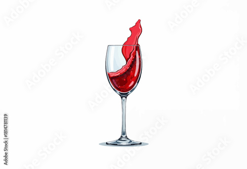 A splash of vibrant red wine elegantly rises within a clear wine glass, capturing the dynamic motion and inviting allure of the rich liquid on a pristine white background.