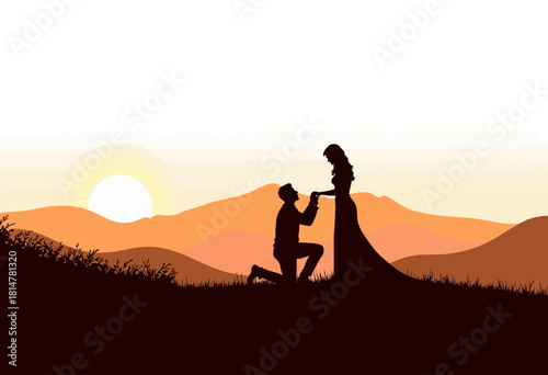 Romantic Sunset Proposal in Scenic Mountain Setting with Silhouetted Couple Embracing New Beginnings in Nature's Tranquil Beauty