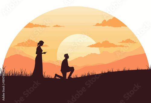 Silhouette of a Couple in Sunset Backdrop with Rolling Hills and Mountains Depicts Romantic Proposal Scene as Sun Sets Creating Ambient Golden Hue
