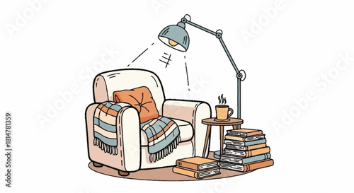 Cozy Reading Nook Armchair, Lamp, Books, and a Warm Beverage - A Relaxing Scene