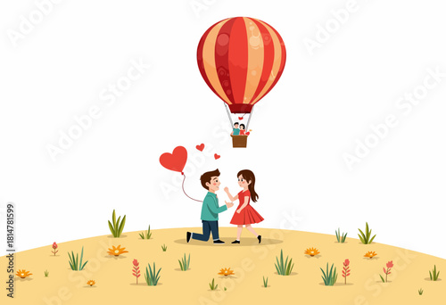 Romantic Proposal Scene with Man on Knee and Woman in Red Dress in Sunny Meadow with Heart Balloon and Hot Air Balloon Overhead