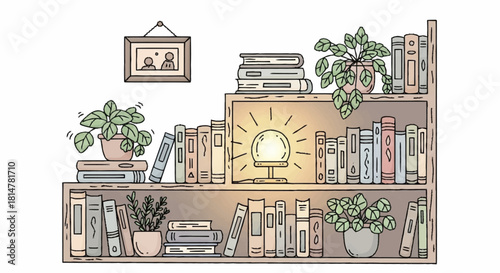 Cozy Bookshelf Scene with Plants and Warm Light Illustration