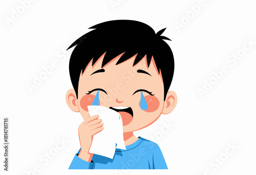 Illustration of a Young Child Crying with a Tissue, Demonstrating Human Emotions and Expressions in a Playful and Cartoonish Art Style