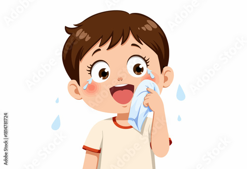 Illustration of a Happy Child Crying with Joy While Wiping Tears Away Using a Handkerchief Against a Simple White Background
