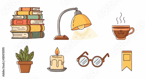 Set of cozy reading icons and hygge lifestyle elements, including a stack of books, a desk lamp, a candle, and a warm beverage