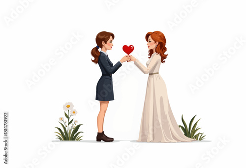 Heartwarming Exchange Between Two Women Holding a Red Heart Symbolizing Love and Connection Amidst Minimalistic Floral Elements