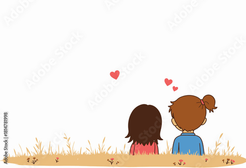 Illustration of two people sitting in a field with hearts above, symbolizing love and friendship, surrounded by grass and small flowers on a sunny day