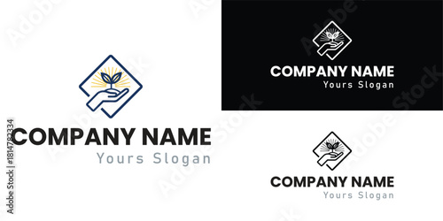 Charity and care logo featuring hand, heart, and plant, symbolizing support, wellness, donation, social care, and community service. Ideal for non-profit, healthcare, and foundation branding.