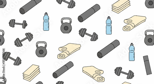 Seamless Pattern of Fitness Equipment and Accessories for Gym Workouts and Healthy Lifestyle