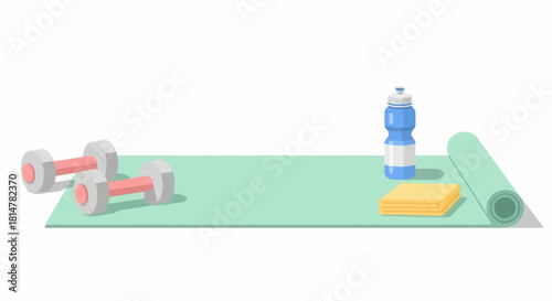 Fitness Equipment Set on Yoga Mat Dumbbells, Water Bottle, and Block for Exercise