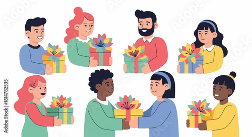 Diverse people giving and receiving colorful gift boxes, symbolizing joy, community spirit, and generosity during celebrations and special events