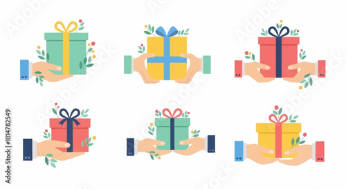 A diverse collection of hands holding and exchanging beautifully wrapped gift boxes. This vector illustration set symbolizes the joy of giving on holidays and special occasions