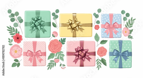 Vibrant assortment of beautifully wrapped presents in gentle pastel shades, featuring exquisite bows and elegant floral decorations for special occasions