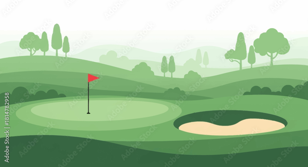 Fototapeta premium Scenic golf course landscape with a putting green, red flag, and sand bunker on a misty morning background