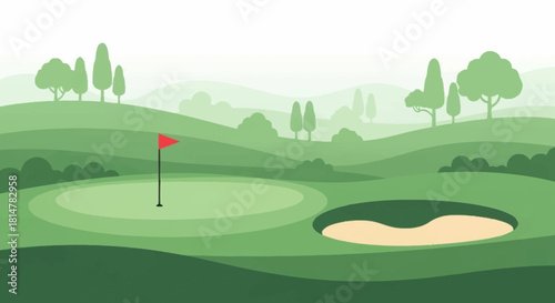 Scenic golf course landscape with a putting green, red flag, and sand bunker on a misty morning background