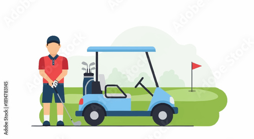 Golfing man with golf cart and flag on green course, illustration