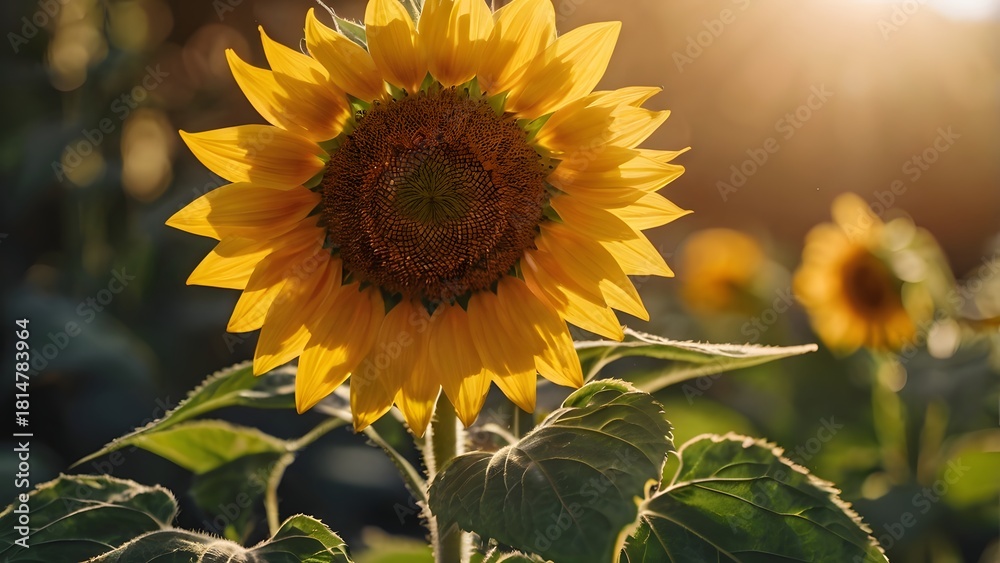 Naklejka premium Sunflower Closeup Illuminated by Warm Golden Hour Sunlight in Blooming Field