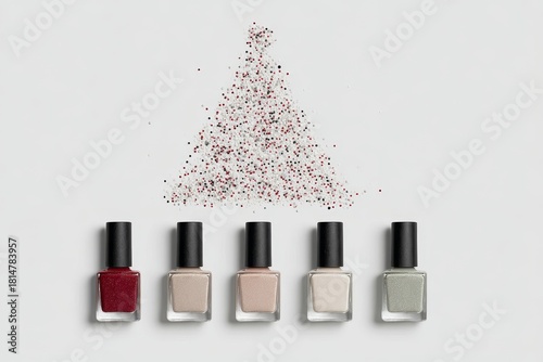 Artistic arrangement featuring nail polish bottles with festive glitter shaped like Christmas tree