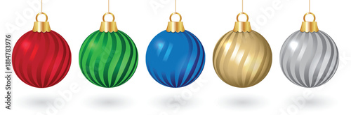 Christmas balls with strips baubles banner ornament colorful decoration in a row isolated on white background