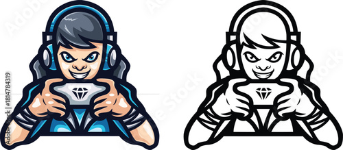 Dynamic illustration of a determined female gamer, headphones on and controller in hand, poised for success in the digital arena