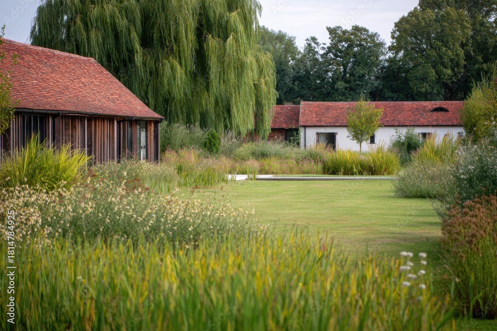 Fototapeta premium Beautiful landscape with modern buildings surrounded by lush greenery and wildflowers in a serene outdoor area during a calm afternoon