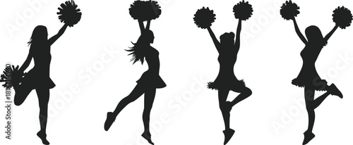 Cheerleaders Silhouette Poses Set, Cheerleading Performance, Crowd Support, Team Sport, Isolated