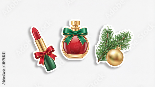 Stylish Christmas sticker for fashion/beauty: lipstick and perfume with festive pine branch and ornaments, vibrant 3D colors, white background, social media-ready.
