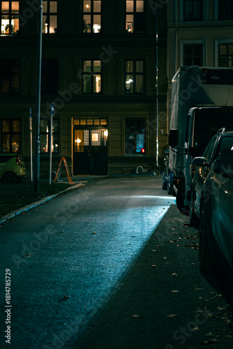 Canvas Print Nordic Night Street with Parked Cars