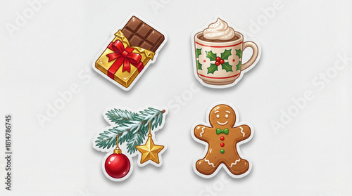 Stylish Christmas foodie sticker: chocolate and coffee with festive pine branch and ornaments, rich colors, 3D style, ready for posts and stories.