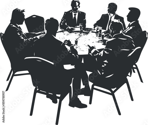 Silhouette vector illustration of a corporate meeting with professionals discussing strategy and ideas around a boardroom table
