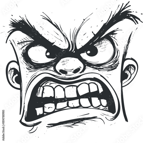 Bold black and white vector illustration of an angry face expressing intense emotion for comic and graphic design projects