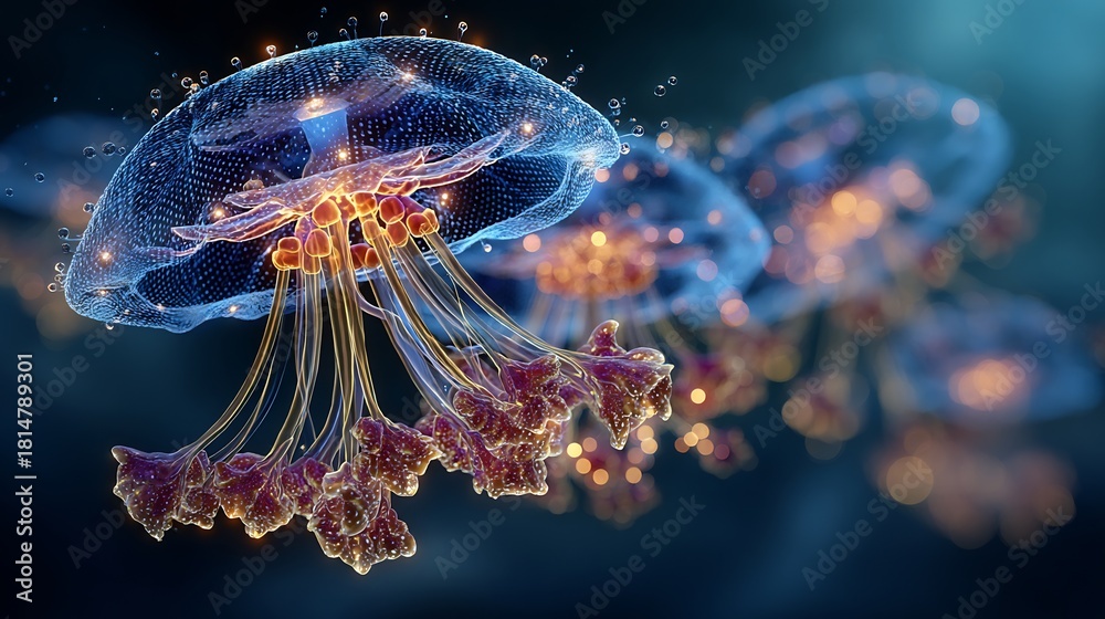 Fototapeta premium Soft focus image of bio luminescent organic shapes floating water dreamy underwater biotechnology concept