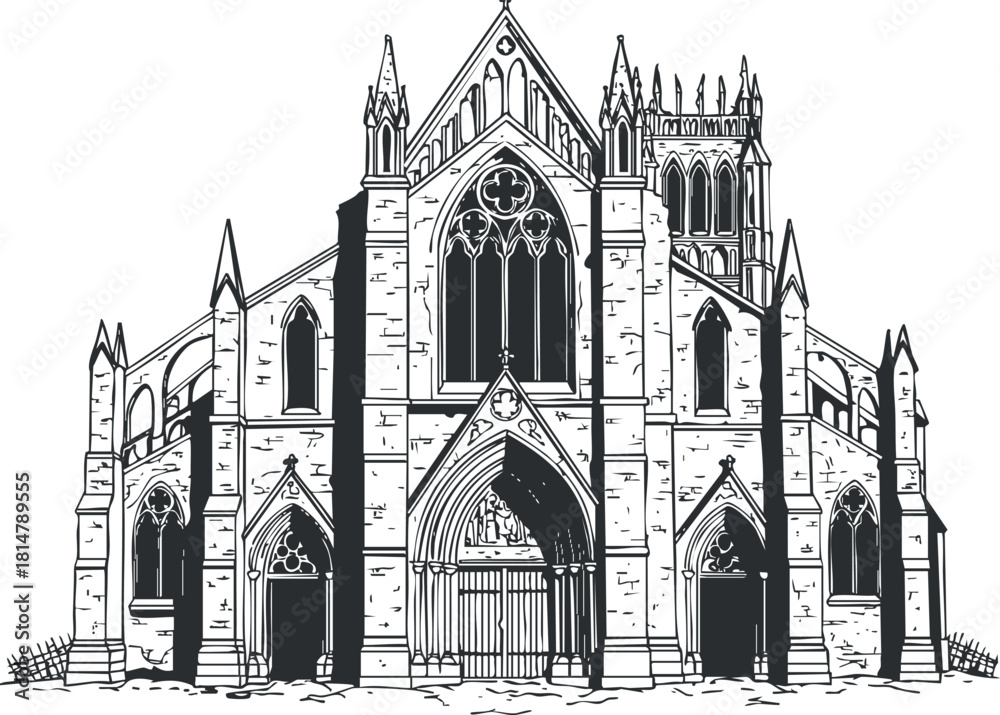 Fototapeta premium Detailed black and white vector illustration of a gothic cathedral showcasing intricate architectural features and spires for design projects