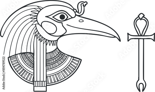 Outline vector illustration of an Egyptian bird symbol with intricate details, suitable for cultural and historical design projects