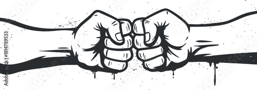 Stylized black and white vector illustration of two fists colliding, symbolizing strength, unity, and determination for design projects.