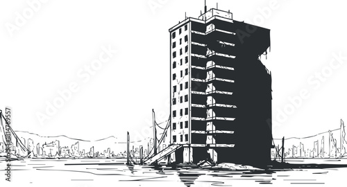 Monochrome outline vector illustration of an abandoned high-rise building in a desolate urban landscape for environmental themes
