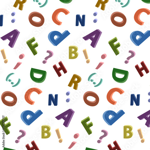 Multicolored letters and punctuation marks.White background with multicolored letters and punctuation marks in a vector pattern.