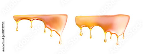 Honey oil caramel melt with gooey background and vector drip syrup. Stream flow for sweet dessert or product. Golden splatter for food or cosmetic design.