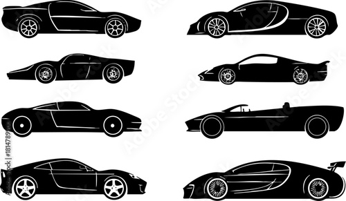 Stylish silhouette vector illustration set of various car models, perfect for automotive design projects and branding.