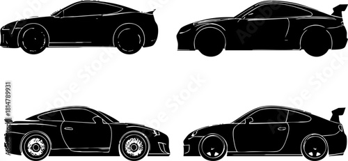 Silhouette vector icon set showcasing various car designs in a minimalist style, ideal for automotive branding and illustrations